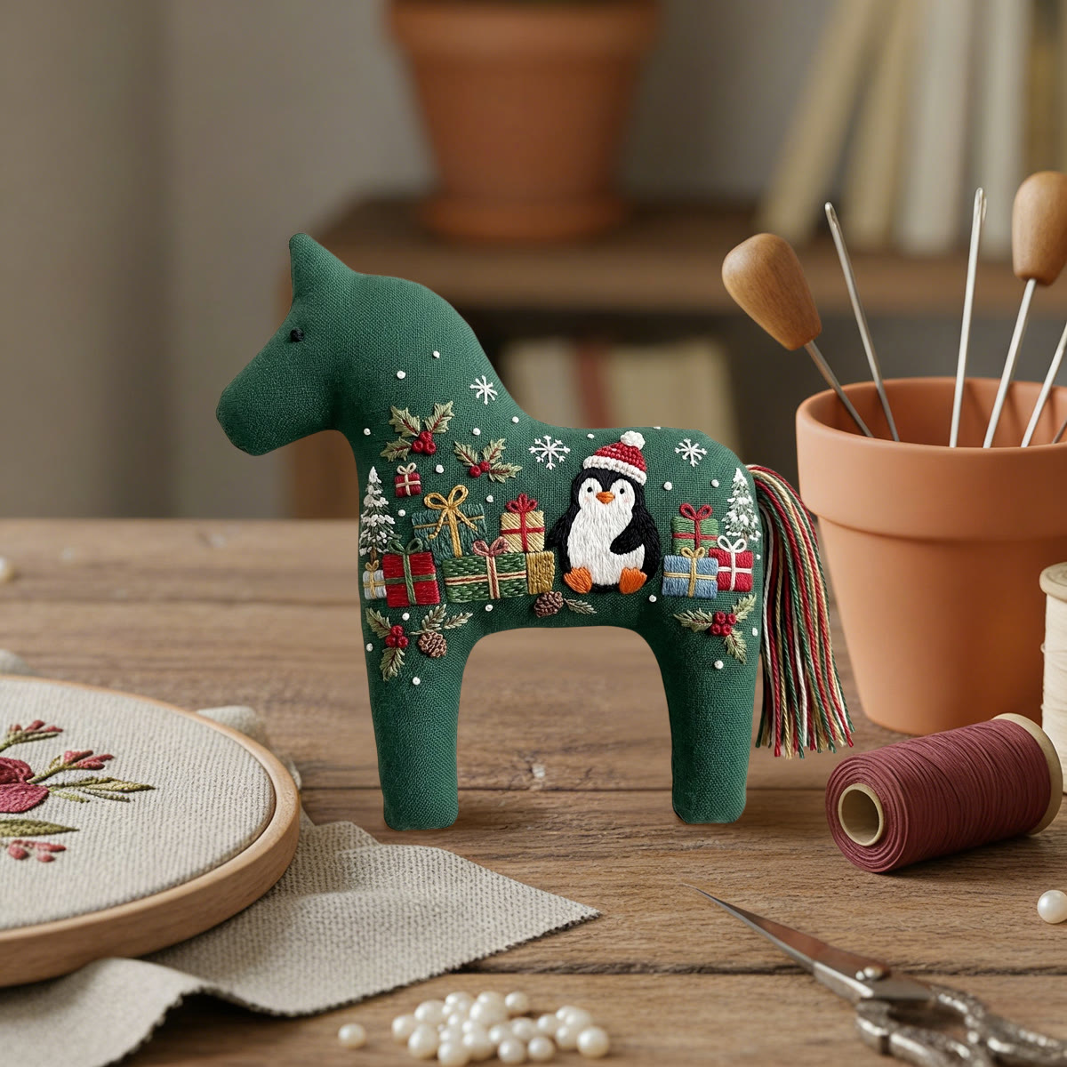 Rubbyoo Dala Horse Embroidery Kit - Penguins With Lots Of Gifts | Cozy Christmas Shelf Decor | Adorable Nursery Room Hoop Art - image 6
