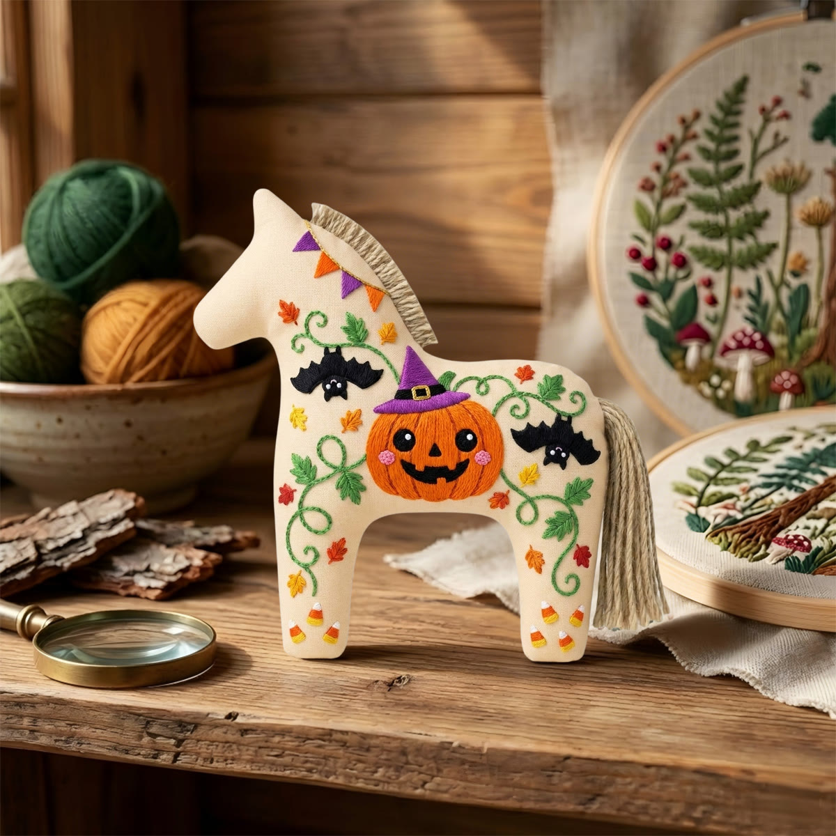 Rubbyoo Dala Horse Embroidery Kit - Pumpkin With Witch Hat | Spooky Gift For Kids | Spooky Keychain - image 5