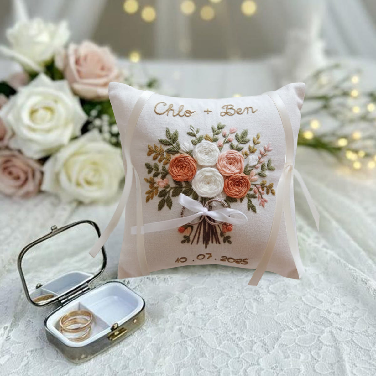 Rubbyoo Personalized Ring Bearer Pillow Embroidery Kit - White Peach Rose Bouquet | Wedding  Gift| Beginner-Friendly - image 8