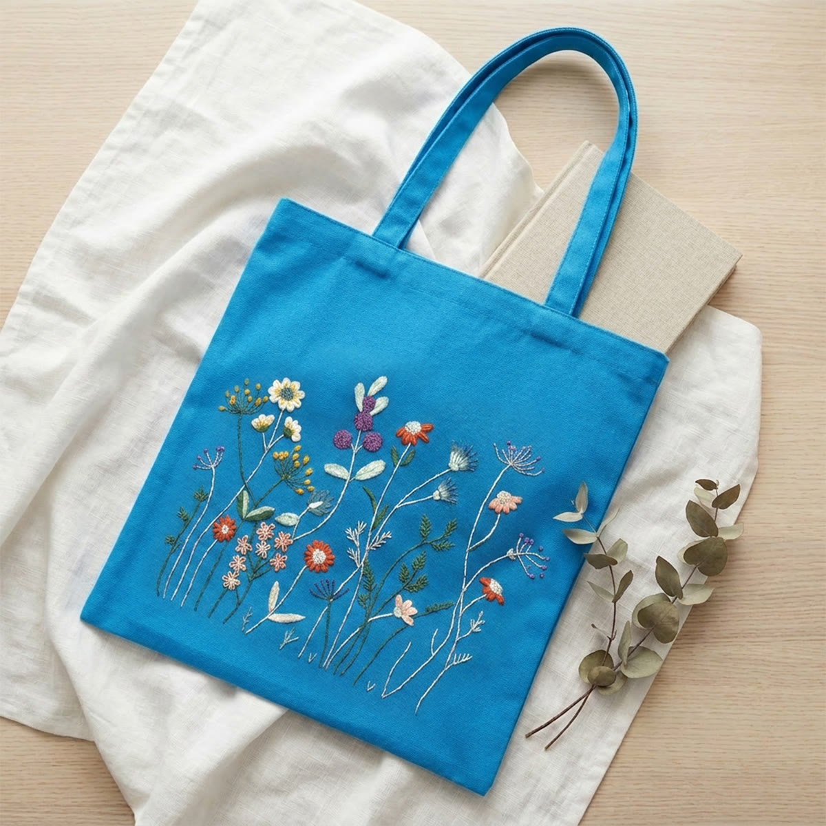 Rubbyoo Embroidery Tote Bag Kit - Aesthetic Wildflowers | Eco-friendly Market Bag | Perfect Bridesmaids Gift  - 11.8" × 13.8" - Sky Blue - image 5