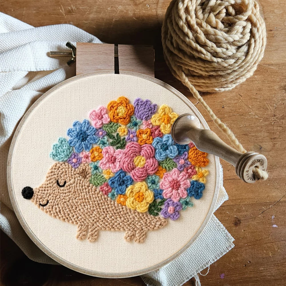 Cute Hedgehog With Flowers Punch Needle Kit - Home Decor | Unique Handmade Present - image 5
