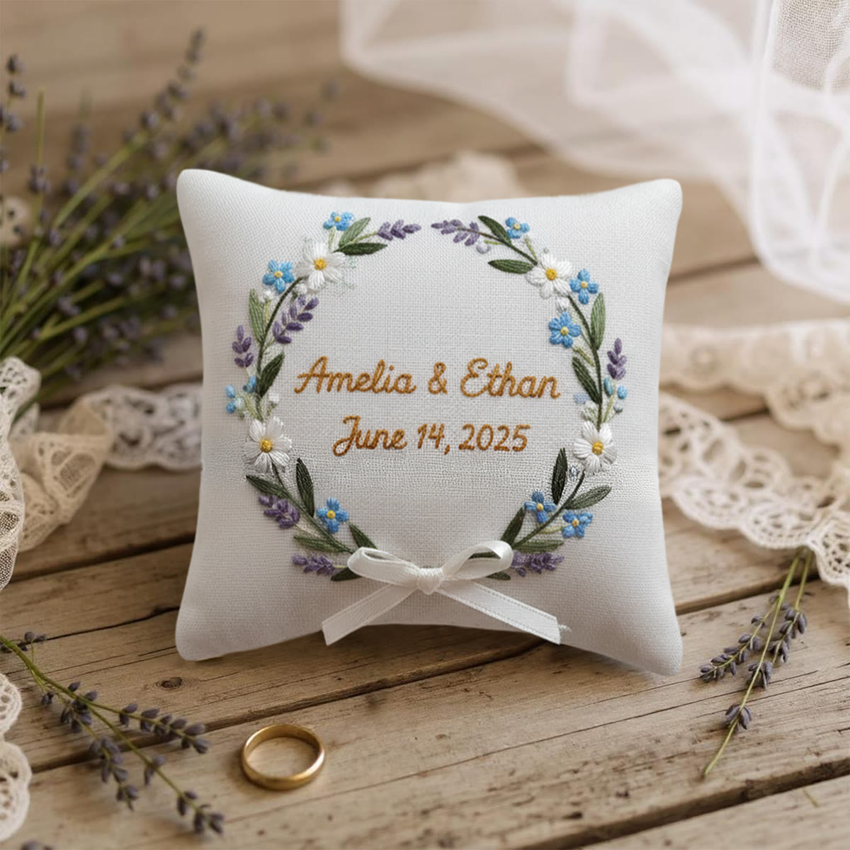 Rubbyoo Personalized Ring Bearer Pillow Embroidery Kit - Blue Daisy Lavender Wreath | Gift-giving Handcraft | Special Date Celebrations - image 10