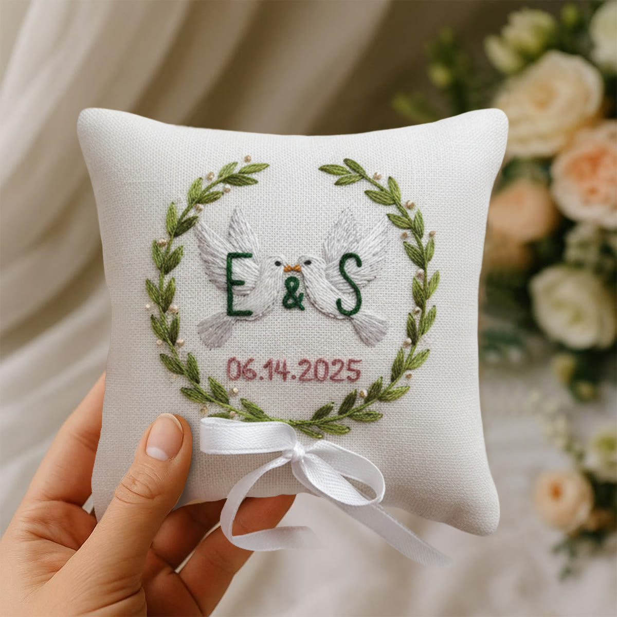 Rubbyoo Personalized Ring Bearer Pillow Embroidery Kit - White Doves Initials Wreath With Date | Gift-giving Top Pick Handcraft | Elegant Decor Pieces - image 3