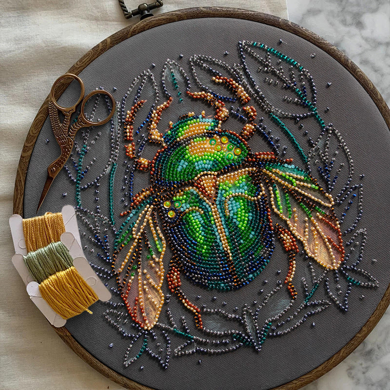 Rubbyoo Bead Embroidery Kit - Emerald Beetle | Personalized Insect Craft | Wall Hanging Artwork - image 3