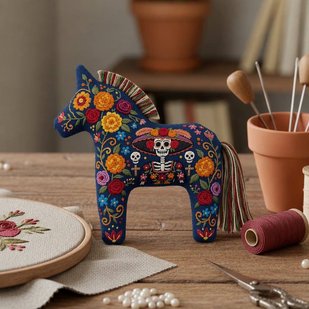 Rubbyoo Dala Horse Embroidery Kit - Vibrant Floral Sugar Skull | Ideal Day Of The Dead Party Decor | Unique Gift For Folk Art Lovers - image 7