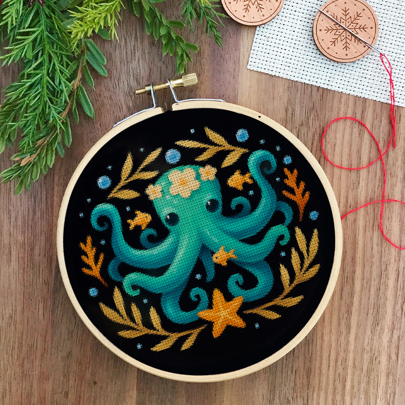  Cross Stitch Kit - Whimsical Octopus | Ocean Animal Craft | Diy Stitch Wall Decor - image 6
