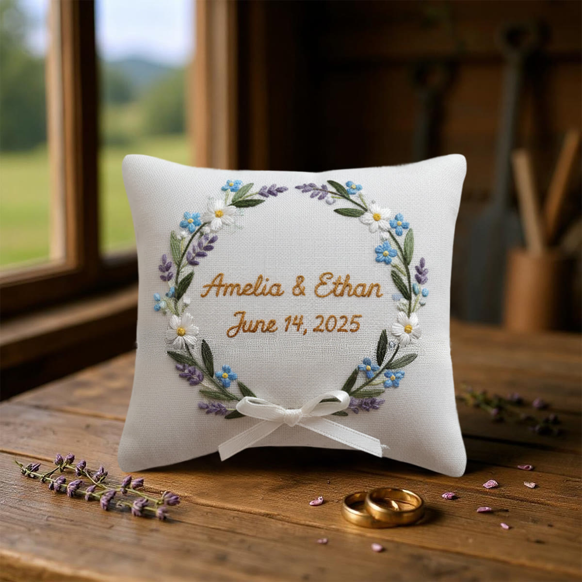 Rubbyoo Personalized Ring Bearer Pillow Embroidery Kit - Blue Daisy Lavender Wreath | Gift-giving Handcraft | Special Date Celebrations - image 9