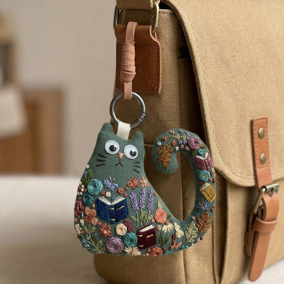 Rubbyoo Cat Embroidery Kit - Woodland Library Theme | Gift For Cat Lovers | Unique Artisan Backpack Charm - image 3