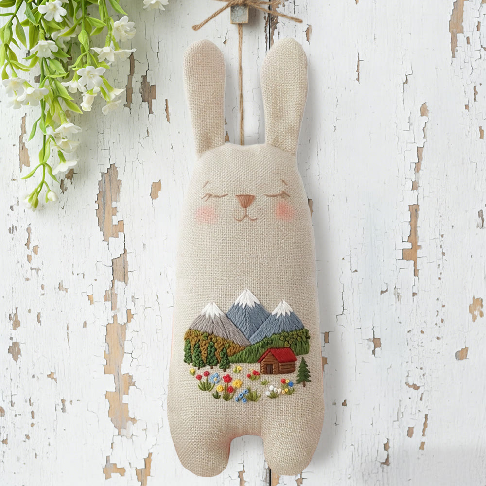 Rubbyoo Bunny Toy Embroidery Kit - Mountain Cabin And Wildflower | Quick Craft | Scenic Home Accent - image 5