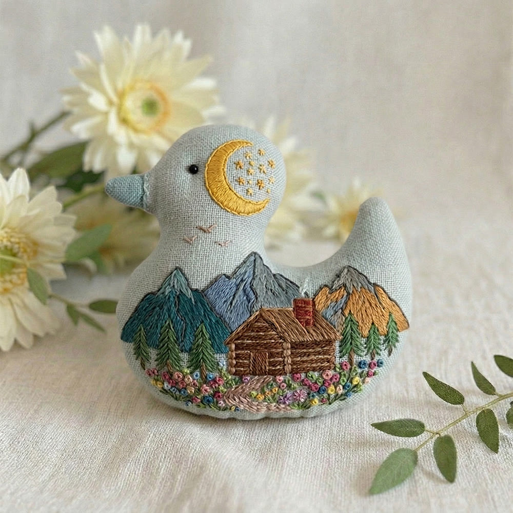 Rubbyoo Duck Embroidery Kit - Serene Moonlit Mountain Cabin View | Bag Hanging Charm | Lovely Handmade Art - image 3