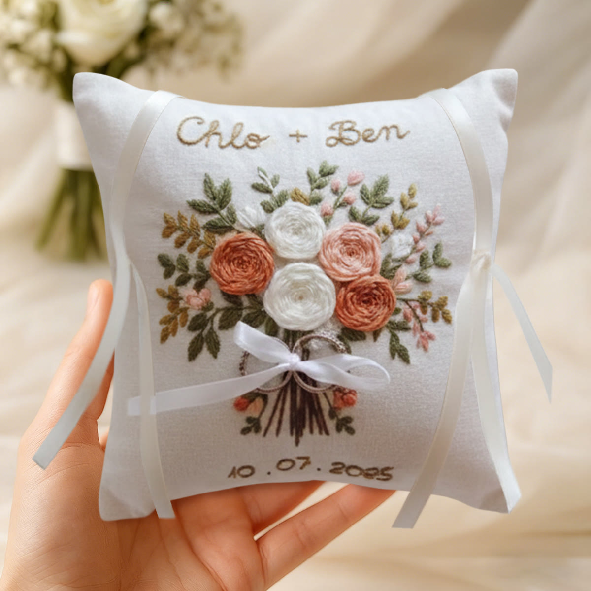 Rubbyoo Personalized Ring Bearer Pillow Embroidery Kit - White Peach Rose Bouquet | Wedding  Gift| Beginner-Friendly - image 9