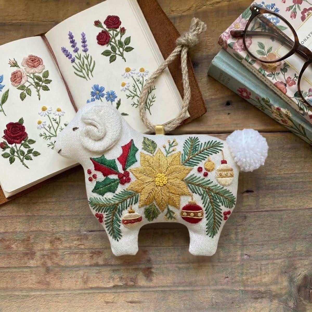 Rubbyoo Lamb-shaped Embroidery Kit - Golden Poinsettia And Holly Leaves | Elegant Gift For Her | Vintage Bag Charm - image 6