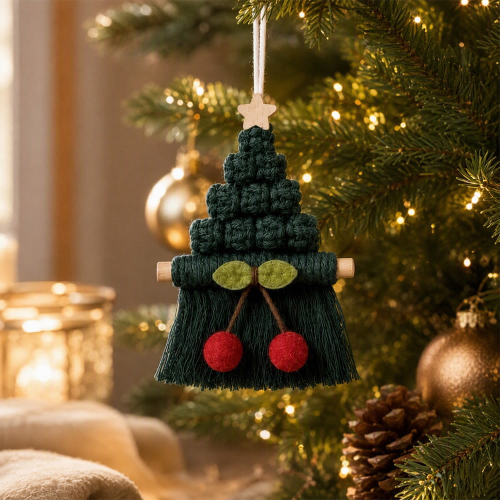 Rubbyoo Christmas Tree Cherry Wall Hanging - Festive Crochet Tassel Ornament | Handcrafted Rustic Holiday Decor  - Green - image 6