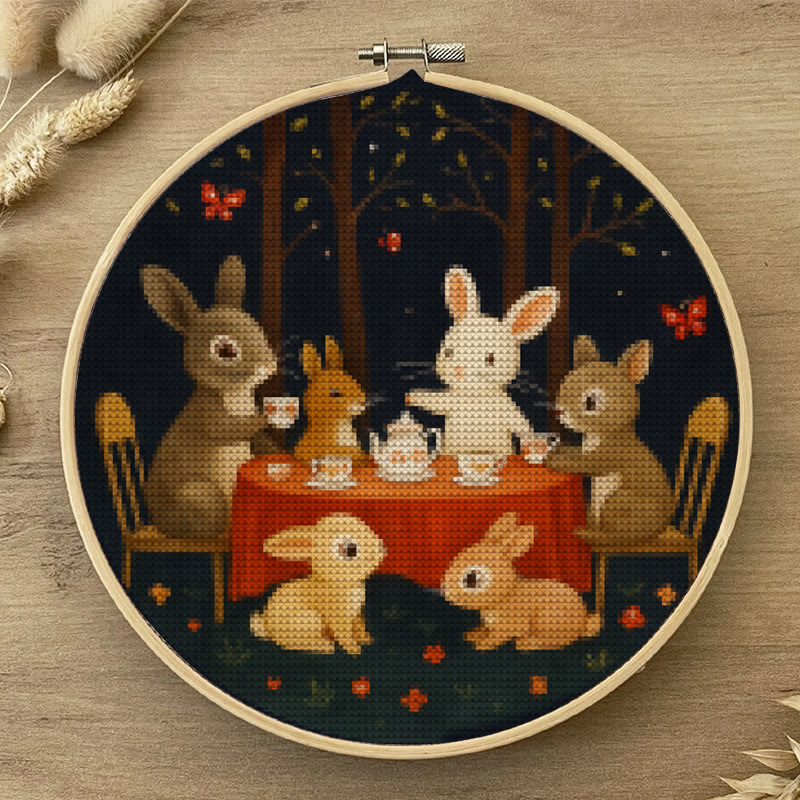  Cross Stitch Kit - Rabbit Tea Party | Diy Wall Ornament | Animal Lovers Handicraft - image 3