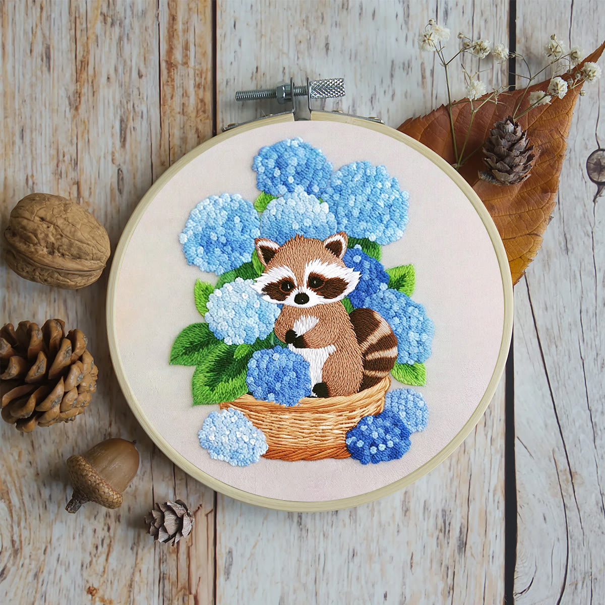 Rubbyoo Embroidery Kit- Cute Raccoon With Blue Flower Diy Craft Kits | For Craft Lover - image 6