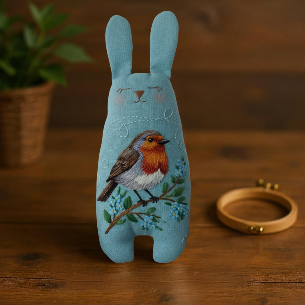 Rubbyoo Bunny Toy Embroidery Kit - Robin On Blue Linen | Novice-friendly Diy | Charming Handmade Gift - image 3