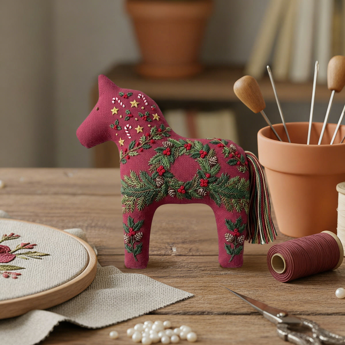 Rubbyoo Dala Horse Embroidery Kit - Vintage Evergreen And Pinecone | Christmas Holly Berry Pattern | Heritage New Year Keepsake - image 5