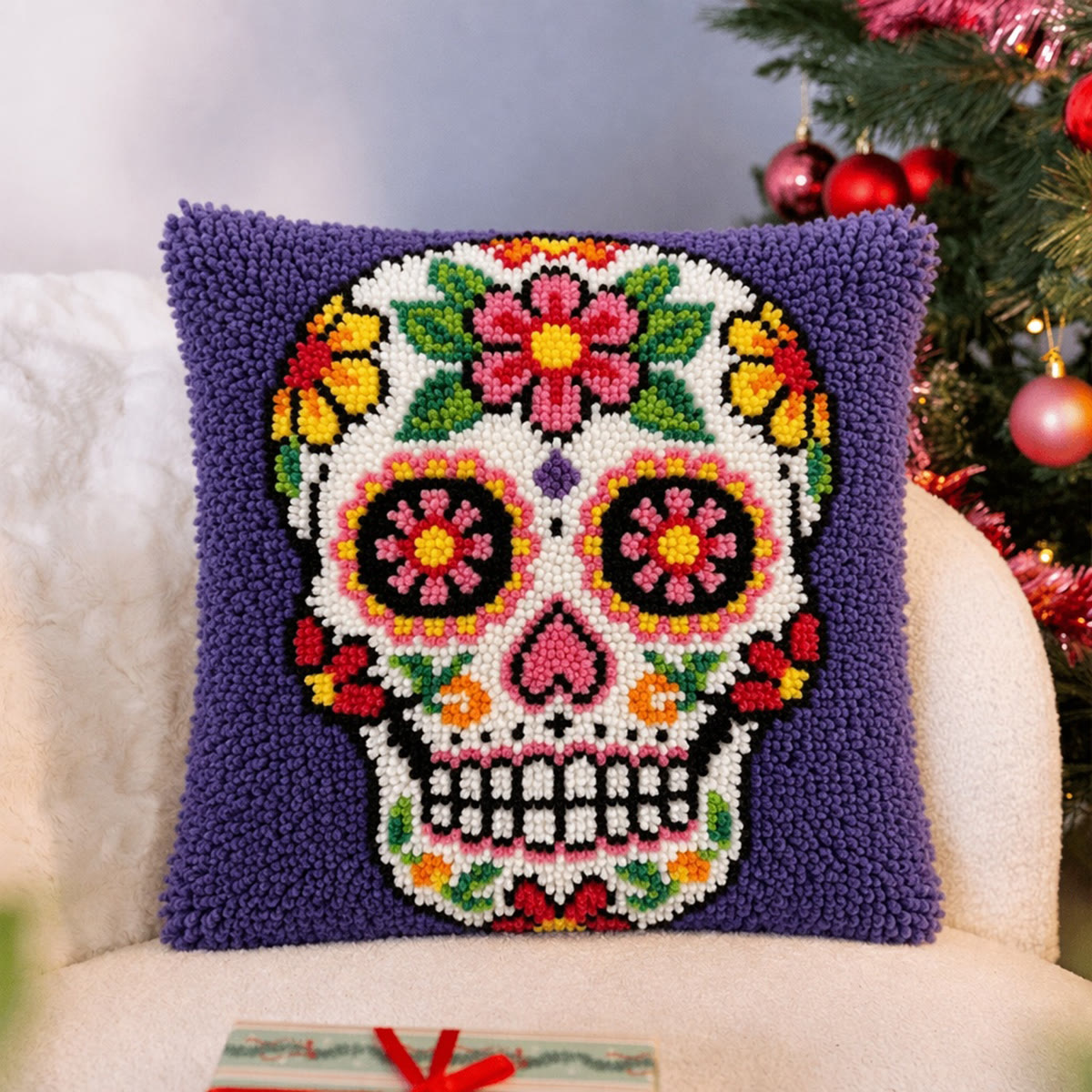 Rubbyoo Latch Hook Pillow Kit - Whimsical Floral Skull | Creative Day Of The Dead Gift | Vibrant Mexican Folk Art - image 5