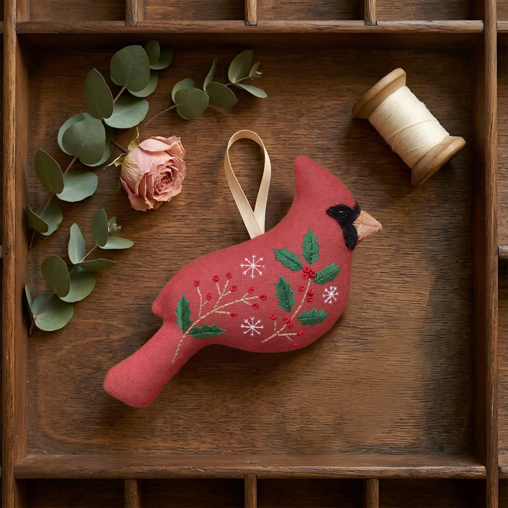 Rubbyoo Cardinal Embroidery Kit - Holly Berry | Holiday Stitch Artwork | Bird Lover Gift - image 4