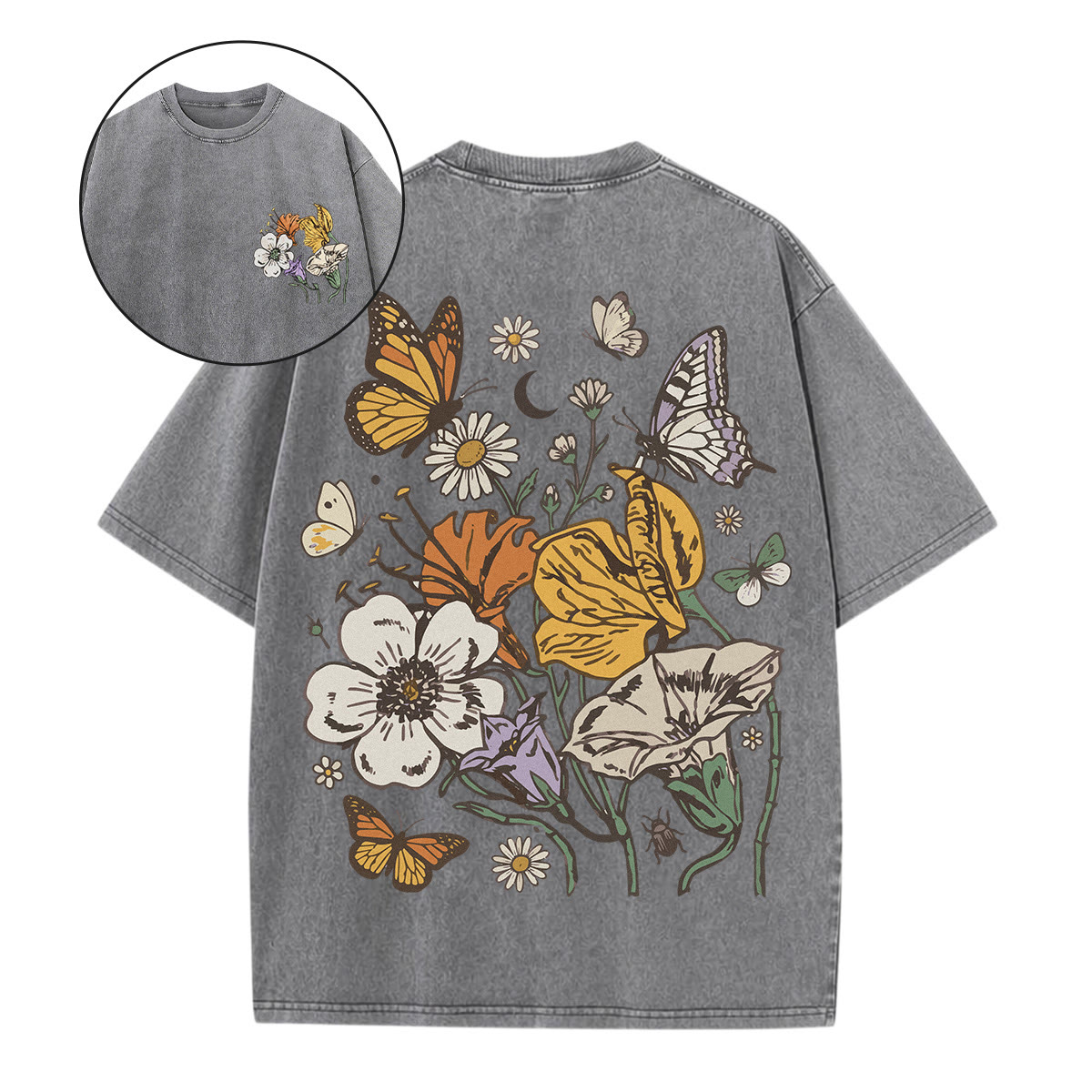 Rubbyoo Wonderful Garden  Double Sided Unisex Washed T-shirt  - Elegant Top Pair For Jeans - Grey - 5XL - image 19