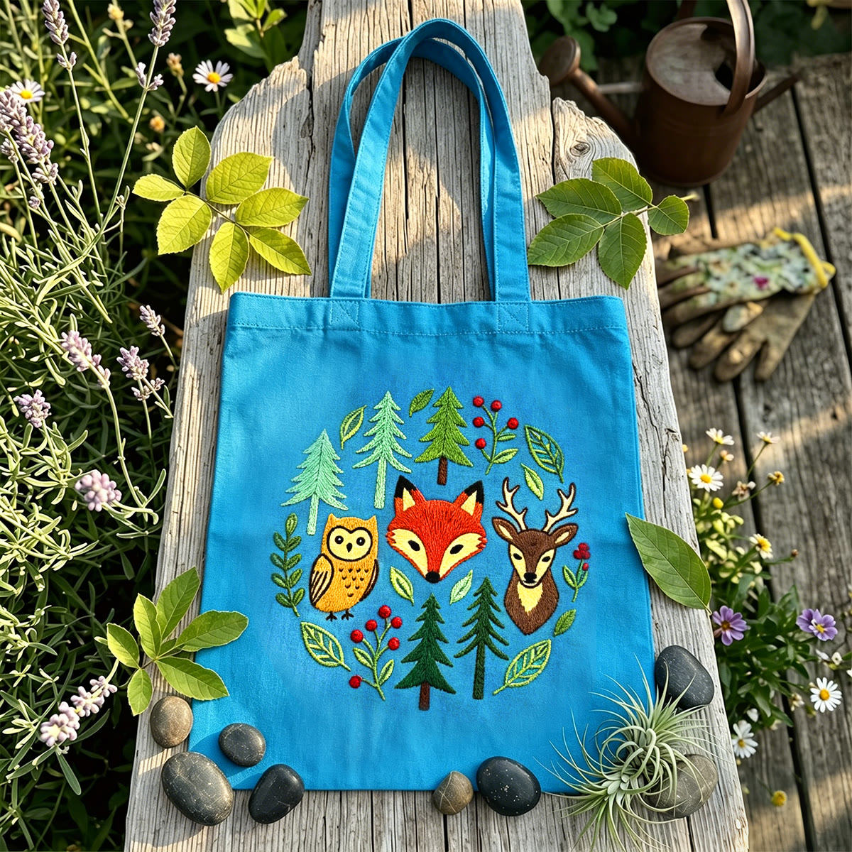 Rubbyoo Embroidery Tote Bag Kit - Woodland Animal | Diy Canvas Bag | Perfect Gift For Nature Lovers  - 11.8" × 13.8" - Sky blue - image 3