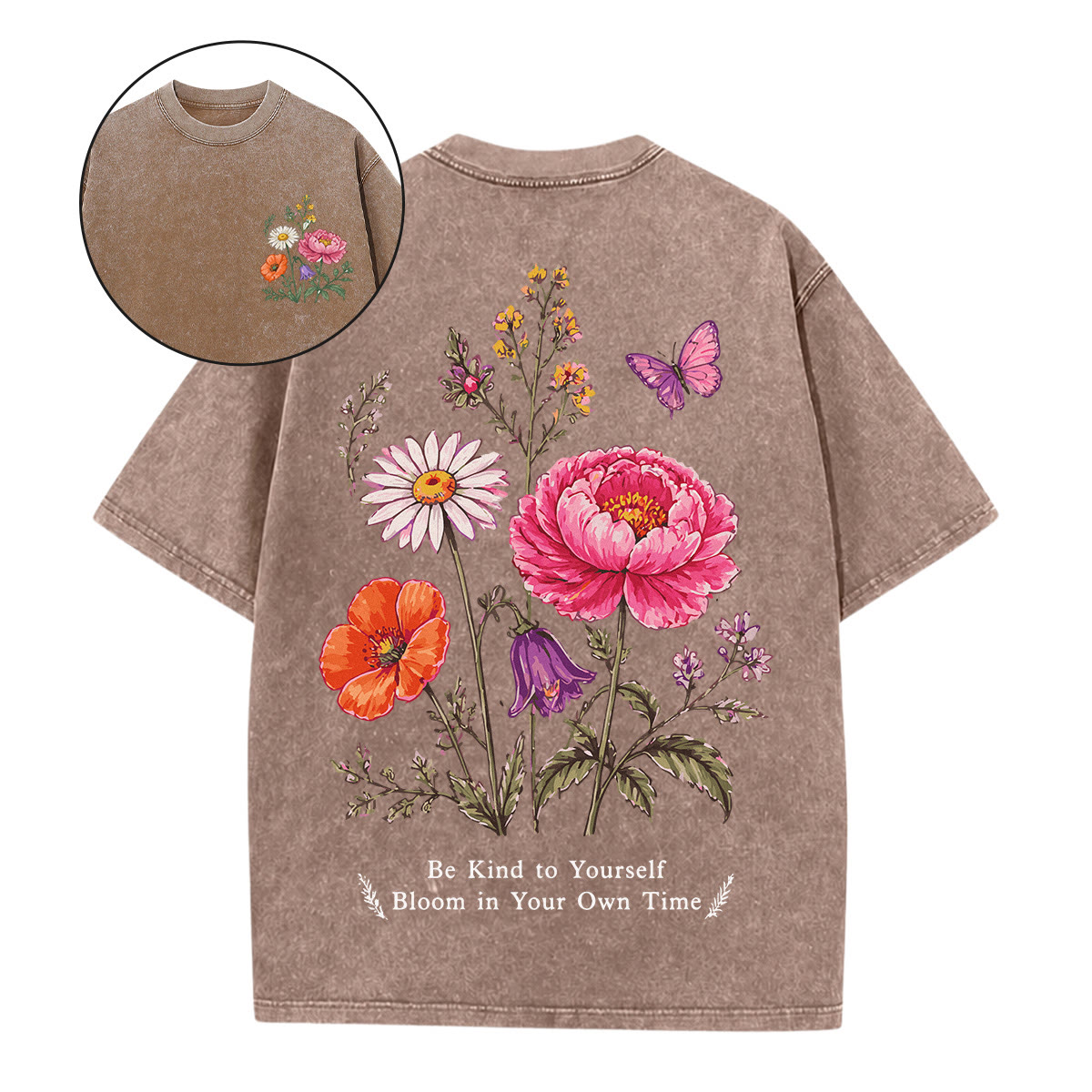 Rubbyoo Bloom In Your Own Time Double Sided Unisex Washed T-shirt Intricate Floral Outfit - Coffee - 5XL - image 19