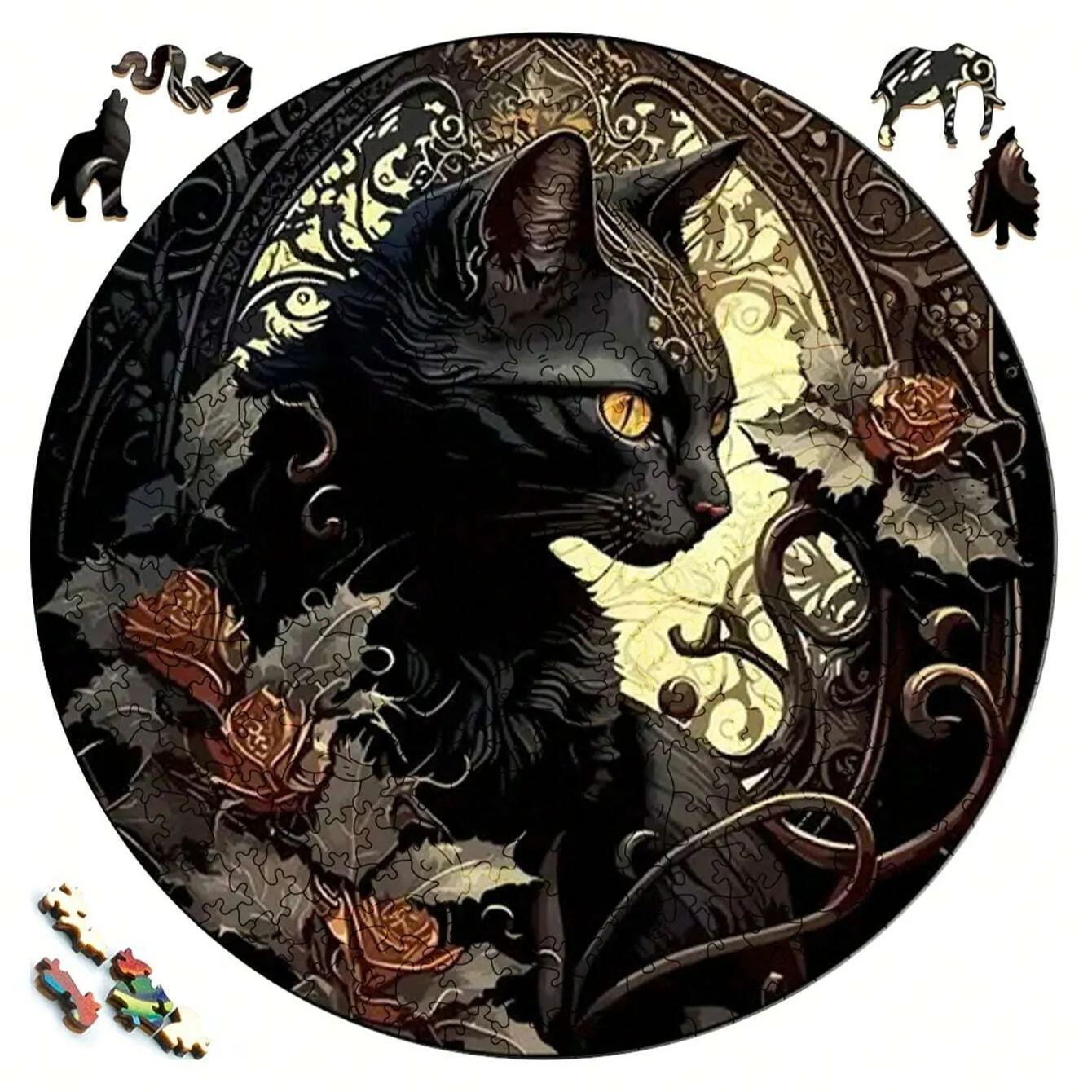 Mysterious Garden Black Cat - Wooden Jigsaw Puzzle