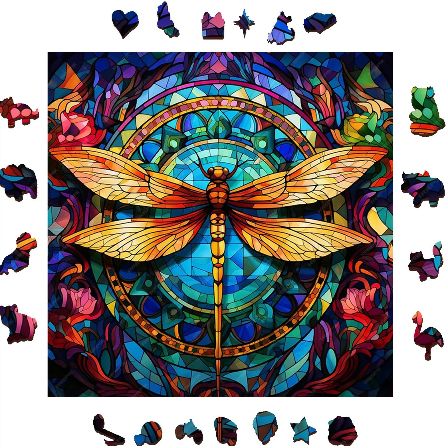 Dragonfly & A Kaleidoscope of Colors - Wooden Jigsaw Puzzle
