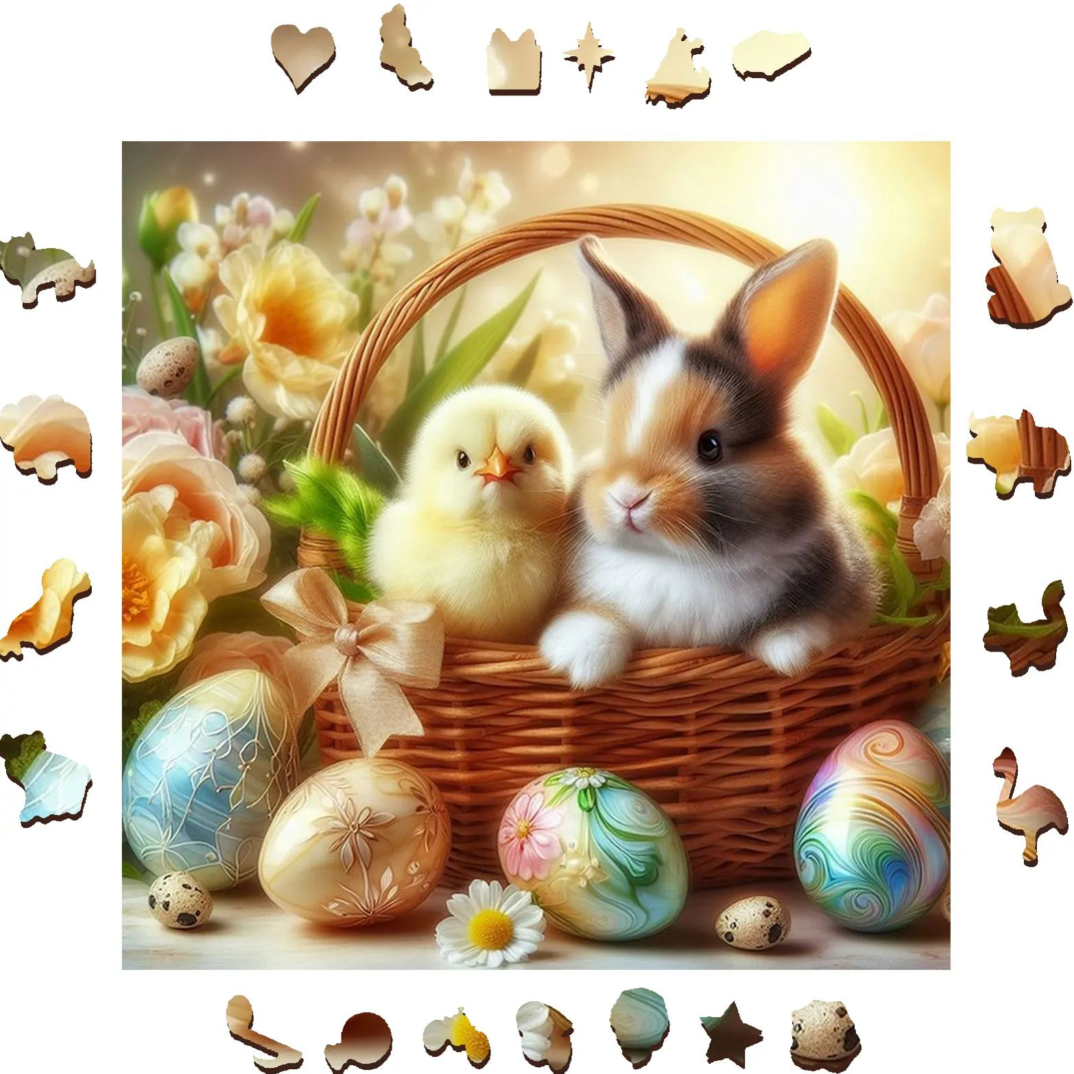 Easter bunny and chicks in flower basket - Wooden Jigsaw Puzzle