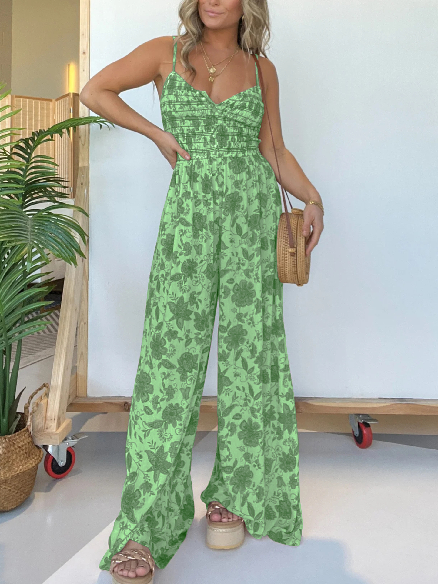 Floral Suspender Wide-Leg Jumpsuit (Buy 2 Free Shipping)