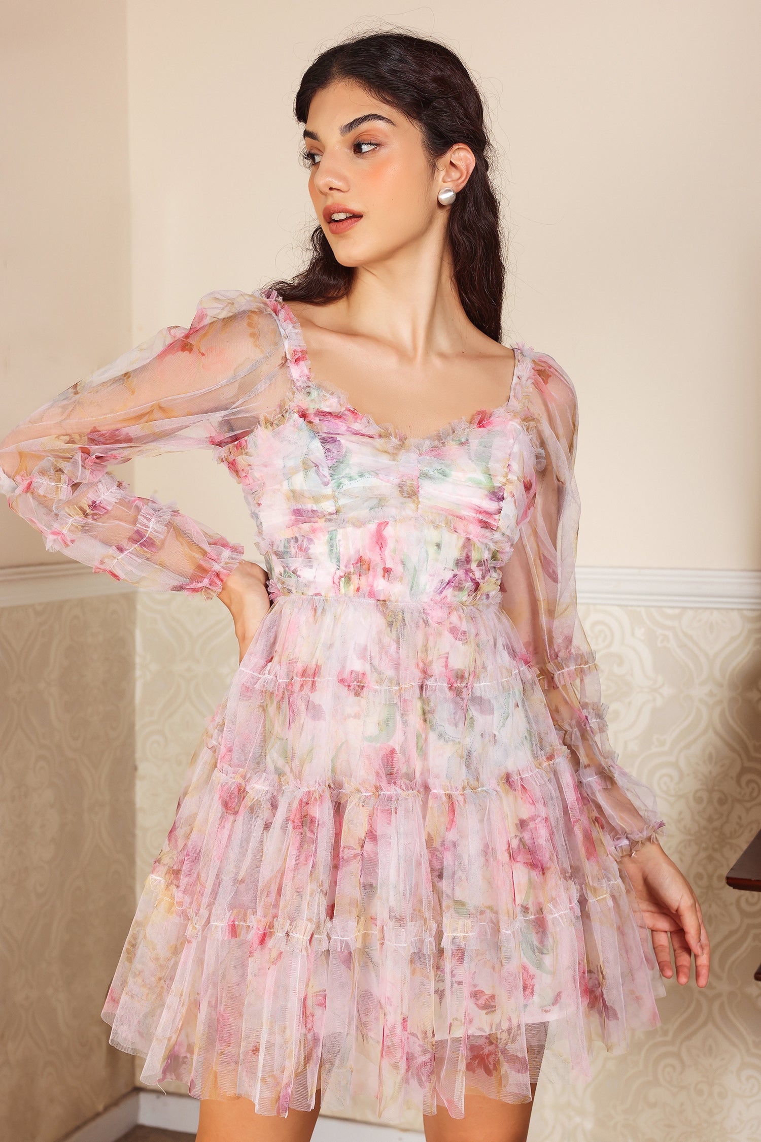 Floral Puff Sleeve V-Neck Midi Dress