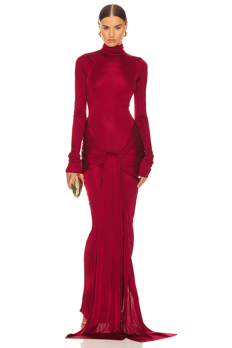 Wrap Ruched High Neck Long Sleeve Maxi Dress