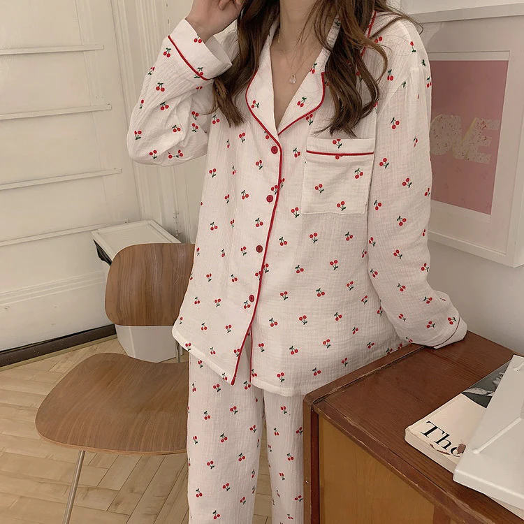 Cherry Piping Long Sleeve Pajama Set