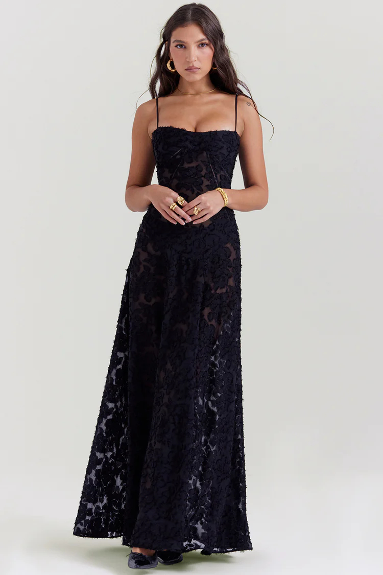 Seren Floral Lace Back Maxi Dress in Black