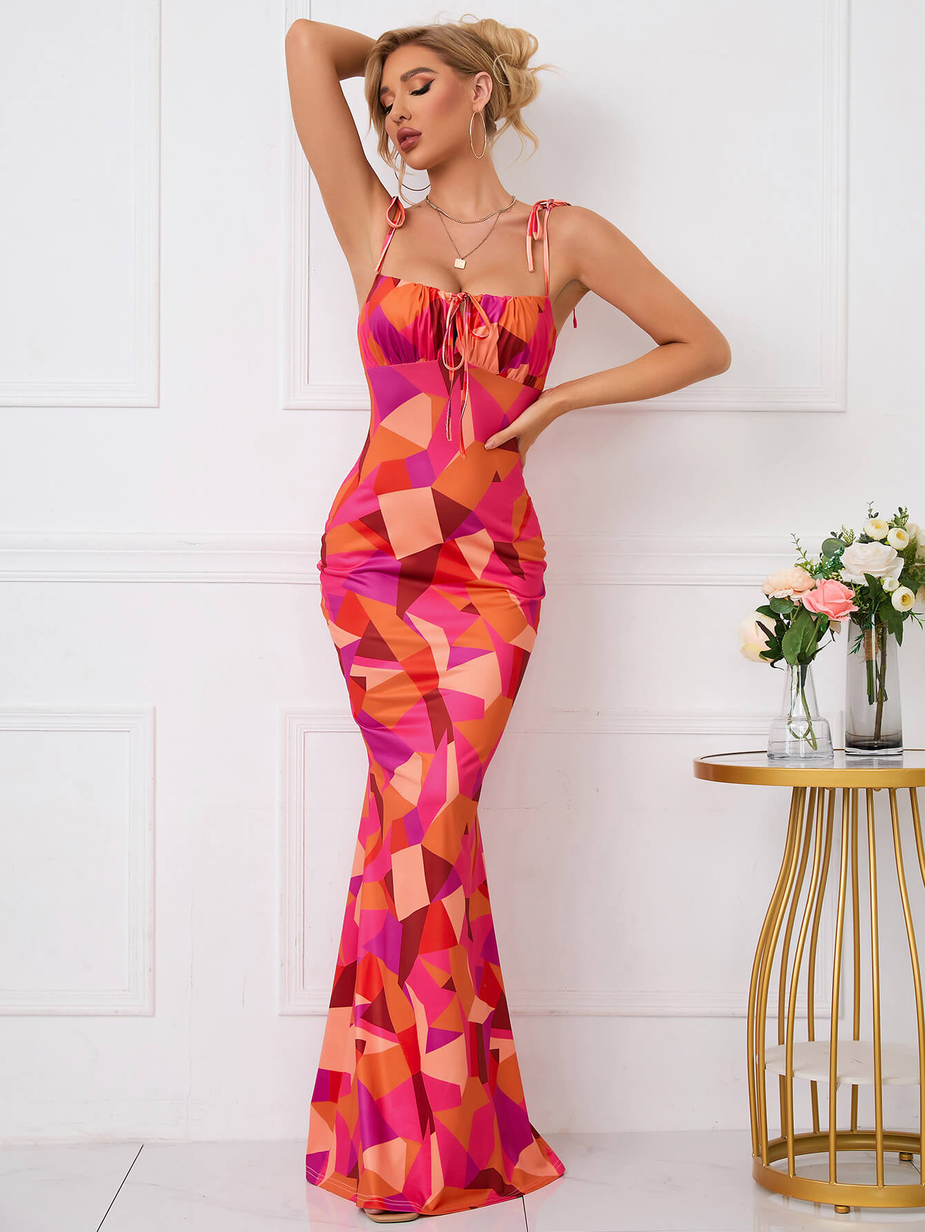 👗Tie Shoulder Fishtail Hem Floral Print Prom Dress