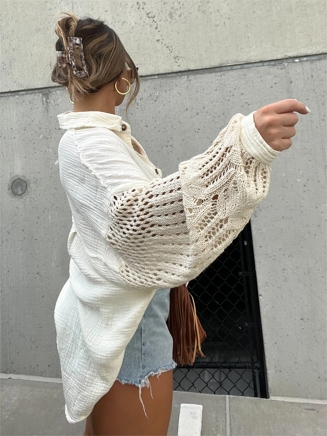 2024 Summer Sale-Boho Crochet Sleeve Shacket (Buy 2 Free Shipping)