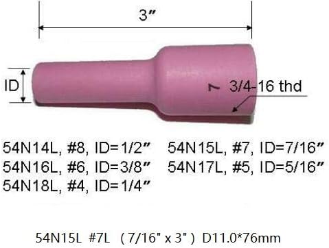 TIG Alumina Nozzle Ceramic Cups Long Large Diameter 54N14L 8L 1/2", 54N15L 7L 7/16", 54N16L 6L 3/8", 54N17L 5L 5/16", 54N18L 4L 1/4" SR WP 17 18 26 TIG Welding Torch 5pcs