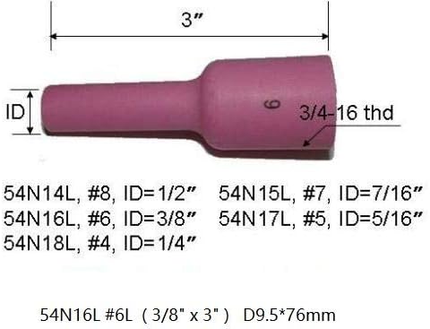 TIG Alumina Nozzle Ceramic Cups Long Large Diameter 54N14L 8L 1/2", 54N15L 7L 7/16", 54N16L 6L 3/8", 54N17L 5L 5/16", 54N18L 4L 1/4" SR WP 17 18 26 TIG Welding Torch 5pcs