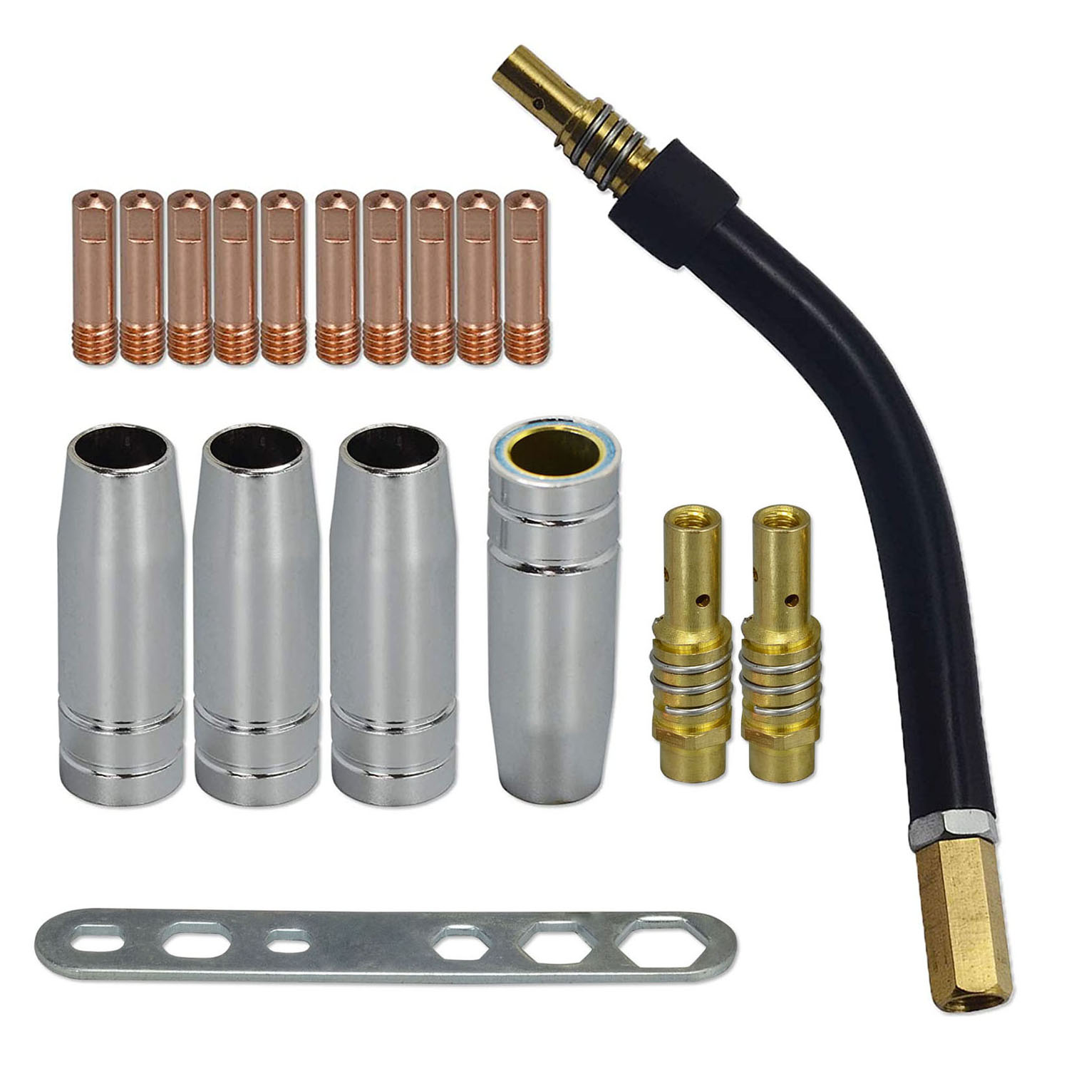  MIG MAG Contact Tips .045" 1.2mm M6 & Tips Holder Difuser 002.0078 Shroud Conical Gas Nozzle 145.0075 Torch Neck 002.0009 Plate 191.0001 for MB15 15AK Welding Torch 18pcs