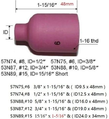 TIG Gas Lens Alumina Nozzle Ceramic Cups Large 53N series Fit SR DB WP 9 17 20 18 26 TIG Welding Torch (57N75#6 3/8" 5pk)