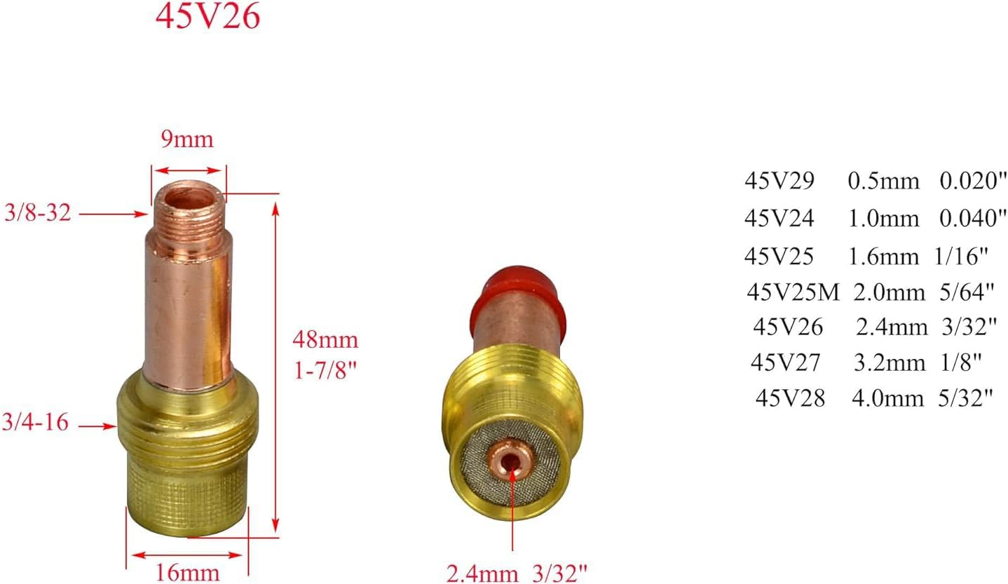 TIG Gas Lens Assorted Size kit 45V26 (3/32" & 2.4mm Orifice) 10N24 54N15 54N01 for QQ300 PTA DB SR WP 17 18 26 TIG Welding Torch 4pcs