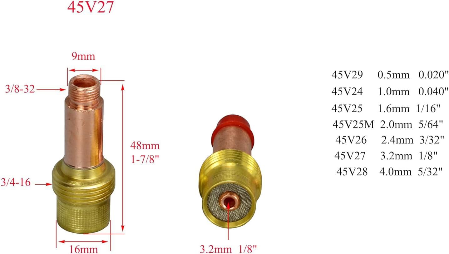 TIG Gas Lens Ceramic Cup Assorted Size Kit 45V27 (1/8" & 3.2mm Orifice) 10N25 54N14 54N01 for QQ300 PTA DB SR WP 17 18 26 TIG Welding Torch 4pcs