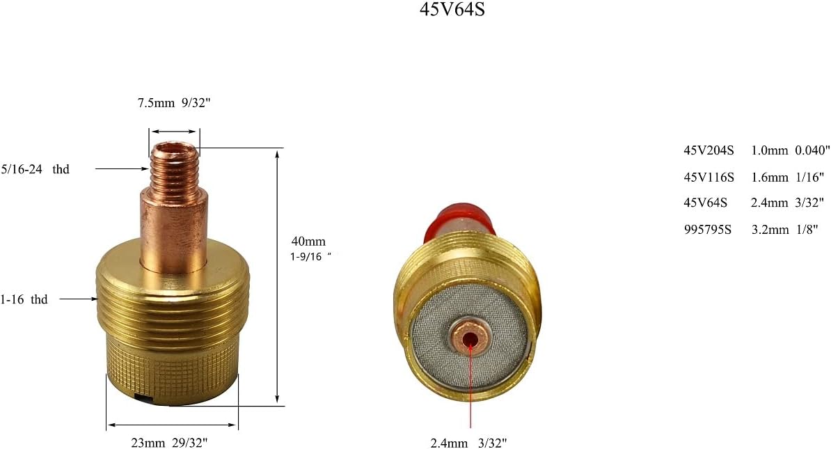 TIG Gas Lens Collet Bodies Large Diameter 45V64S (3/32“ & 2.4mm Orifice) Fit SR WP 9 20 25 TIG Welding Torch 2pk