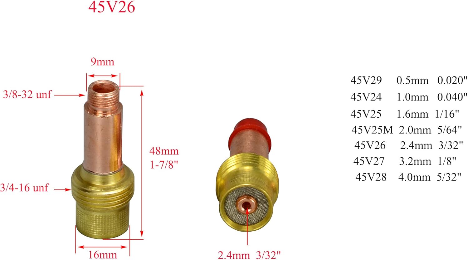 TIG Gas Lens Assorted Size Kit 45V26 (3/32" & 2.4mm Orifice) 10N24 54N14 54N01 Thoriated Tungsten Fit DB SR WP 17 18 26 TIG Welding Torch 11pcs