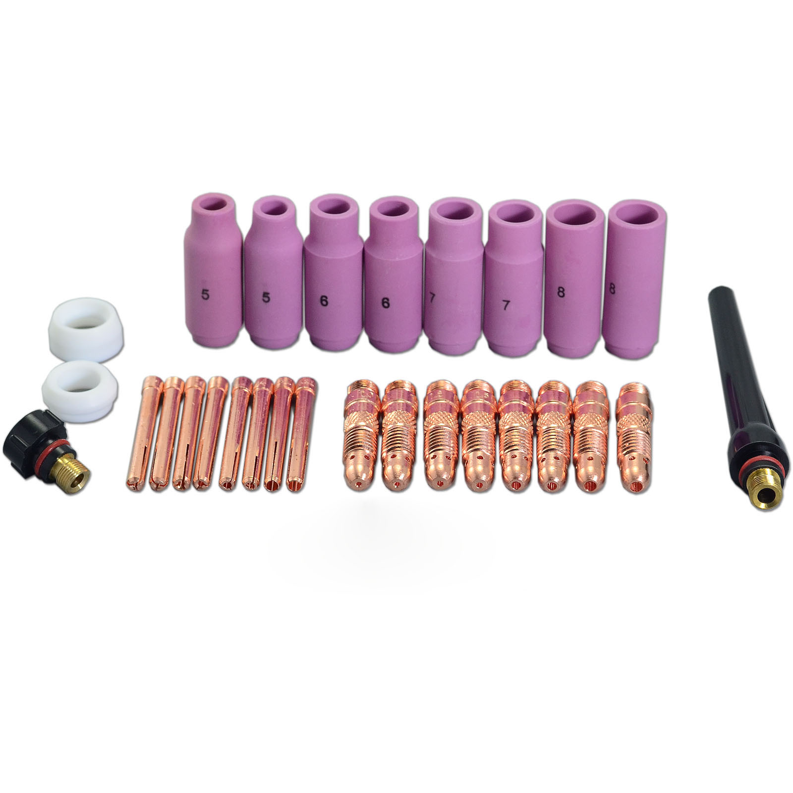 28pcs TIG Collet Bodies 10N30 10N31 10N32 10N28 Collets 10N22 10N23 10N24 10N25 Alumina Nozzle 10N49 10N48 10N47 10N46 Back Cap 57Y02 57Y04 Fit DB PTA SR WP 17 18 26 TIG Welding Torch