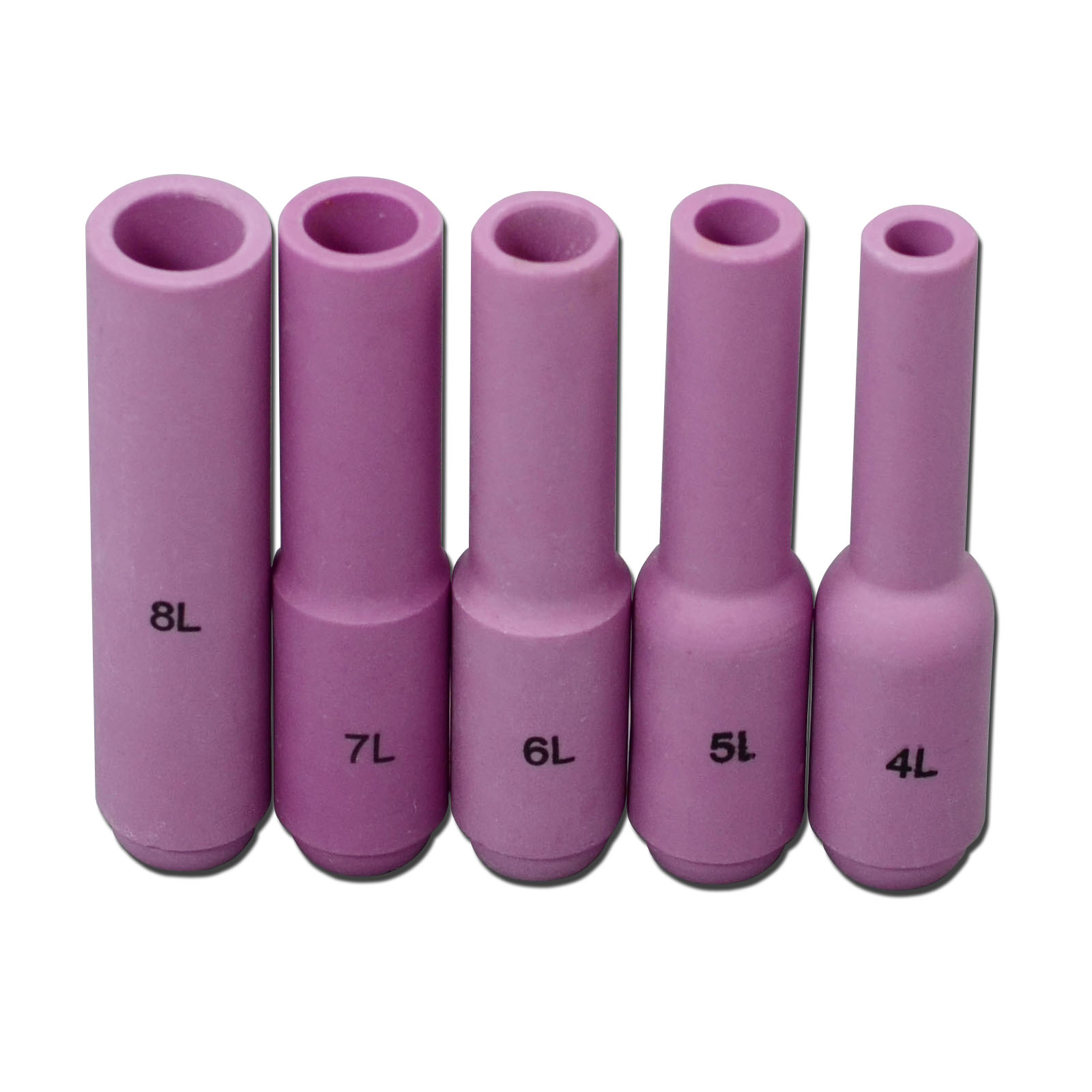 TIG Alumina Nozzles Long Ceramic Cup Assorted Size Kit 10N50L #4 1/4" 10N49L 5# 5/16" 10N48L 6# 3/8" 10N47L 7# 7/16" 10N46L 8# 1/2" Fit DB PTA SR WP 17 18 26 TIG Welding Torch 5pcs