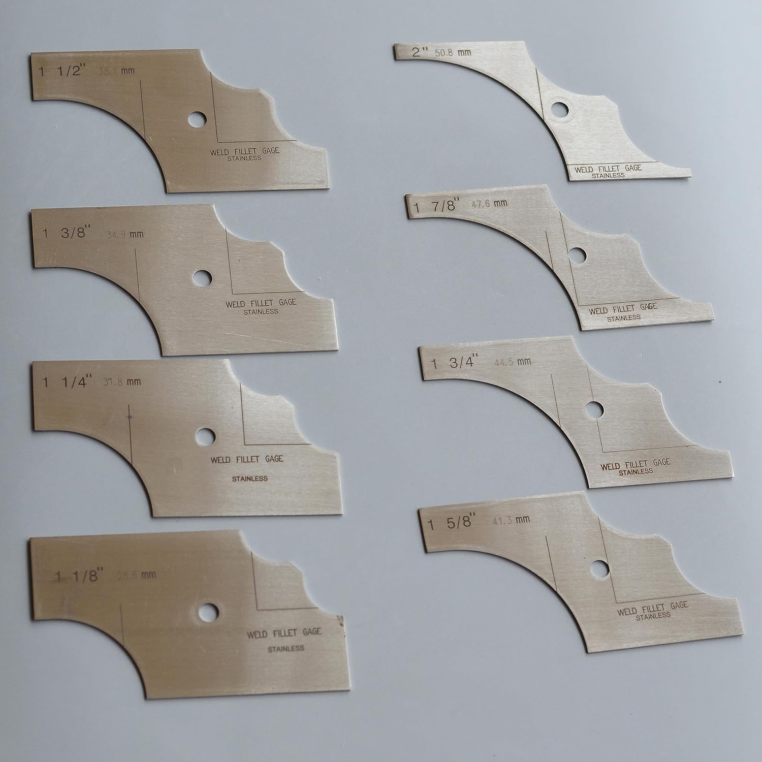 8 Piece Fillet Weld Set 1-1/8" increments to 2" Inch RL Gauge Welding Inspection Test Ulnar