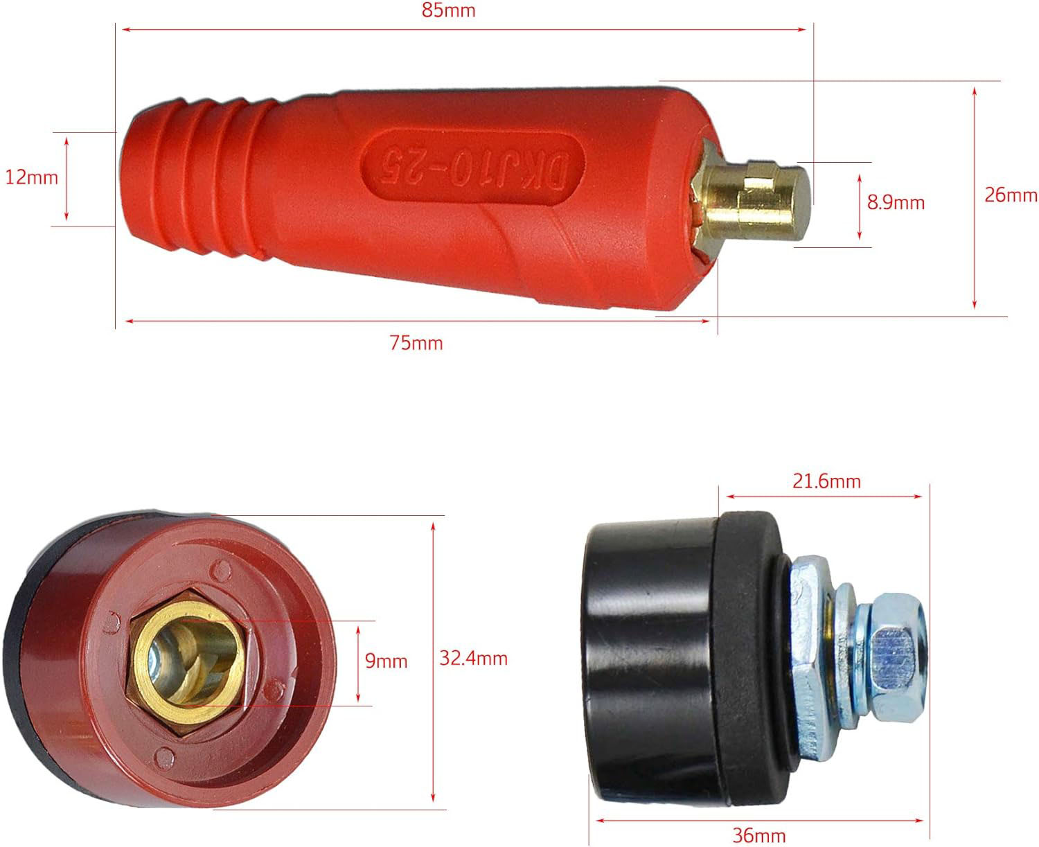 HK-Bluesweld TIG Welding Cable Panel Connector Socket Set DKJ10-25 & DKZ10-25 Quick Fitting Dinse-Style 200Amp 4pcs