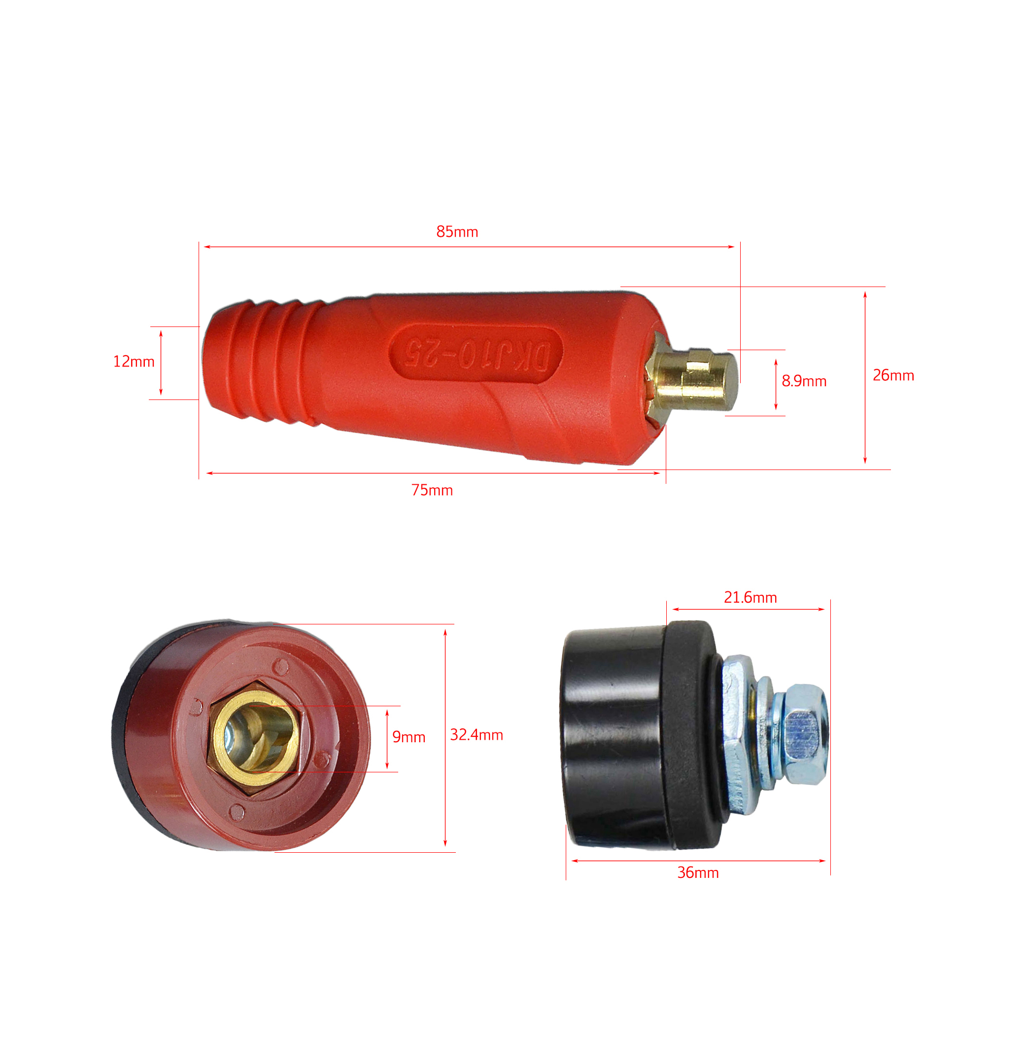 TIG Welding Cable Panel Connector-Plug Black DKZ10-25 200Amp Dinse Quick Fitting