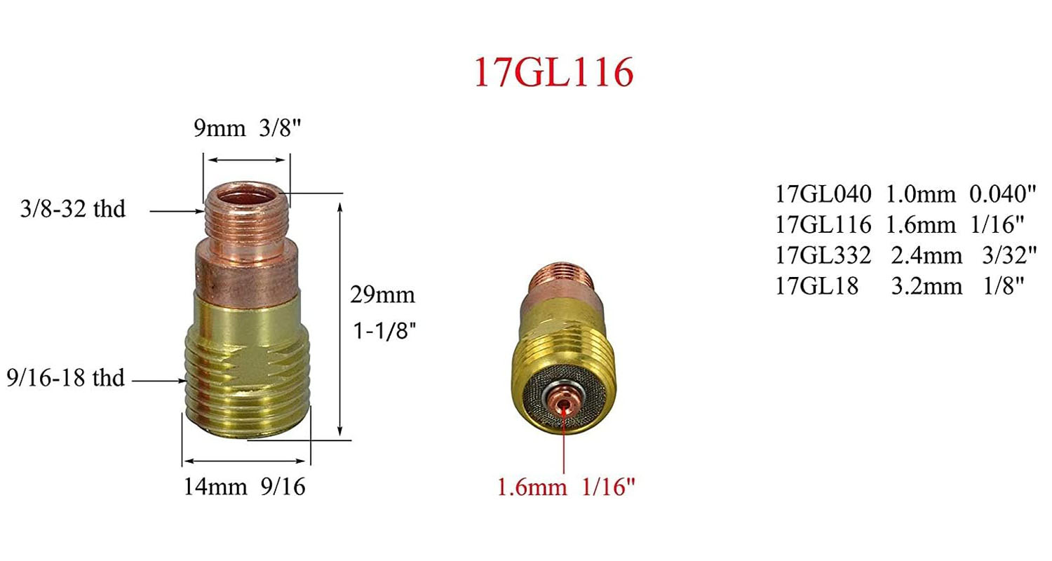 HK-Bluesweld TIG Stubby Gas Lens 17GL116 1/16'' & Ø1.6mm 10N23S TIG Collet Kit Fit DB SR WP 17 18 26 TIG Welding Torch 10pcs